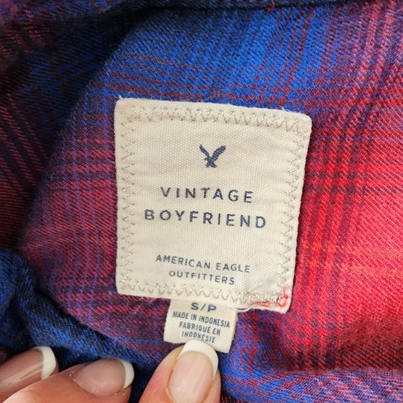 American Eagle Vintage Boyfriend Plaid Top PS Button Shirt Blue Red Flannel - Picture 2 of 16